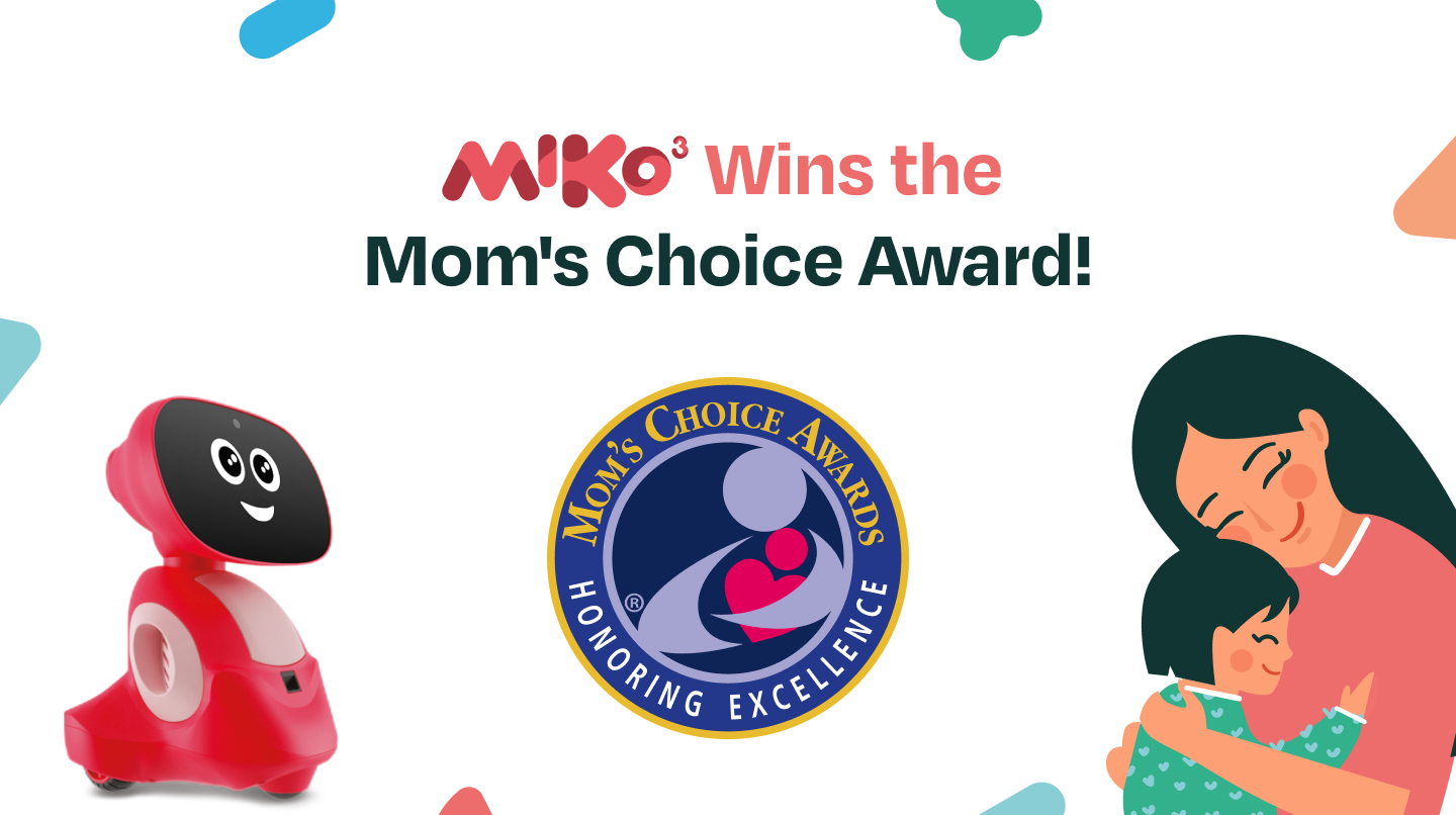 A picture of the Miko 3 robot, the Mom's Choice Award logo, and a cartoon mom and child with the text: "Miko Wins the Mom's Choice Award!"
